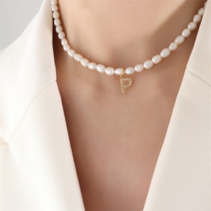 Wholesale Natural Pearl Chain Gold Plated Full Diamond Letter Pendant <b>Necklace</b> - Product Image 1