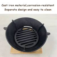 Barbecue au charbon de bois multifonctionnel en fonte IKW - Poêle à barbecue de table portable avec base en bois massif pour le camping, les pique-niques, la cuisson à domicile