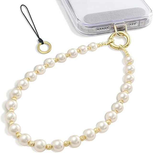 Luxury Pearl Mobile Phone Case Chain Keychain Crystal Bead Pendant Phone Wrist Strap Lanyard Rope