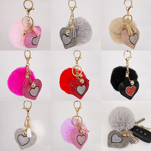Năm mới pha lê đôi tim Pom Pom móc khóa với <span class=keywords><strong>Rhinestone</strong></span> tim Mặt dây chuyền <span class=keywords><strong>Keychain</strong></span> cho bạn gái - Product Image 1