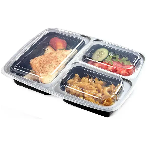 Fiambrera de plástico con 3 compartimentos respetuosos con el medio ambiente, contenedor de almacenamiento de alimentos, fiambrera bento desechable