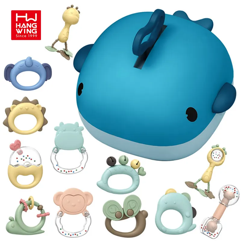 HW 2023 New Born Toys Baby & Toddler Smooth Soft Silicone Teether Animals Band Set Rattle Whale Babies Chew Teething Infant Toy