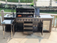 Îlot de cuisine extérieur modulaire en acier inoxydable noir 304 de qualité supérieure, grand barbecue au propane à 8 brûleurs, table latérale pliante pour les fêtes