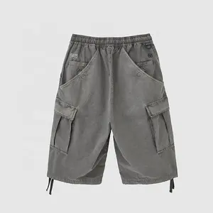 Pantalones cortos de hombre de algodón de carpintero lavado ácido de verano de cintura alta con logotipo de ropa de calle de fabricante personalizado