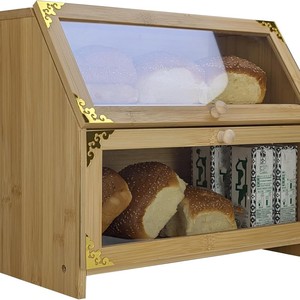 Boîte à pain double couche en bambou avec compartiment transparent en acrylique pour le rangement des aliments et des articles divers dans la cuisine domestique - Product Image 4