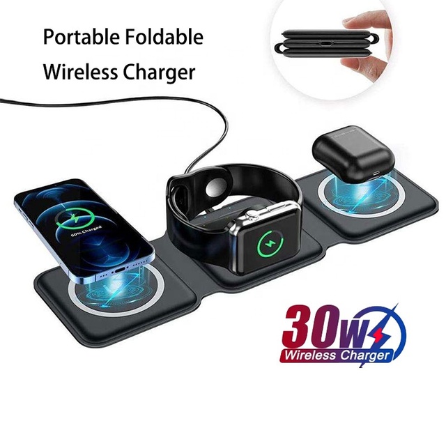 Travel Portable Foldable 3 in 1 Wireless Charger Docking Station Fast Charging Stand Magnetic Phone Charger for Watch