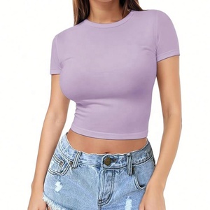 T-shirt pour femmes européennes et américaines, pull d'été, haut pour femmes, col rond fin, t-shirt tendance à manches courtes - Product Image 6