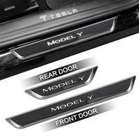 Plaques de seuil de porte personnalisées en fibre de carbone noir argent avec logo personnalisé, protections de seuil de porte de voiture avec lumière LED pour Tesla Model 3 Highland