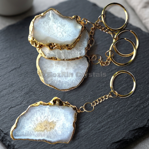 Porte-clés mousqueton en tranche d'agate de cristal avec bord plaqué or, en alliage de zinc rond, durable, design simple, pour la fabrication de bijoux - Product Image 2