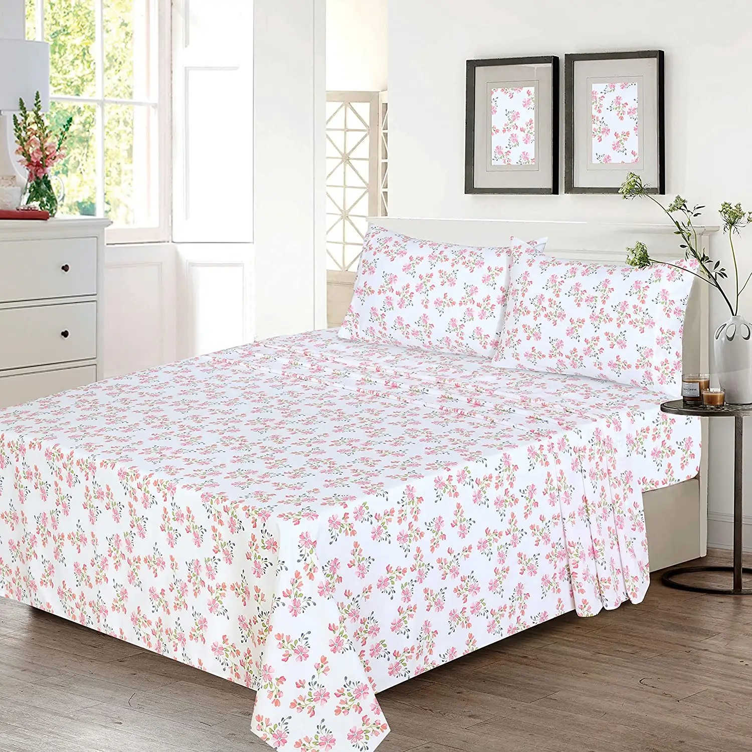 Digital Print Bed Sheets Red & Green Floral Design Full Size Sheet Sets Soft Breathable Bedding Set 4 Pcs Bed set