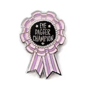 Personalize Wholesale Designer Free Design Award Silver Metal Purple Glitter Ribbon Eye Dagger Champion Ribbon Enamel Pin Badge