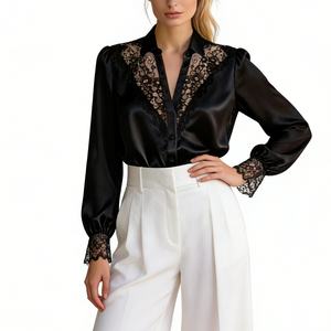 Blusa de Manga Larga con Encaje para Mujer - Camisa Casual con Cuello en V y Botones al Frente - Product Image 4