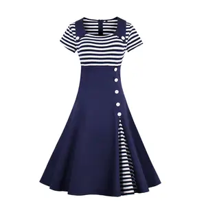 MXN 1528 Women cotton comfortable casual navy blue button striped vintage dress plus size casual dress for women