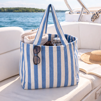 MINFUNG 2026 Neu eingetroffene Sommer Strandtasche für Damen mit individuellem mehrfarbigem gewebtem Etikett, großem Fassungsvermögen und gestreiftem offener Verschluss