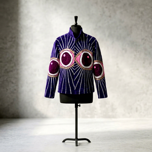 OEM Custom <b>Women</b> Eye Embroidered Purple Velvet Jacket Boho Short Open Front <b>Coat</b> Vintage Winter Ethnic Outerwear Wholesale - Product Image 1
