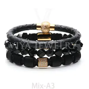 Viya Jewelry Conjunto de pulseiras masculinas de luxo por atacado várias cores pedras naturais e conjunto de joias de couro exótico