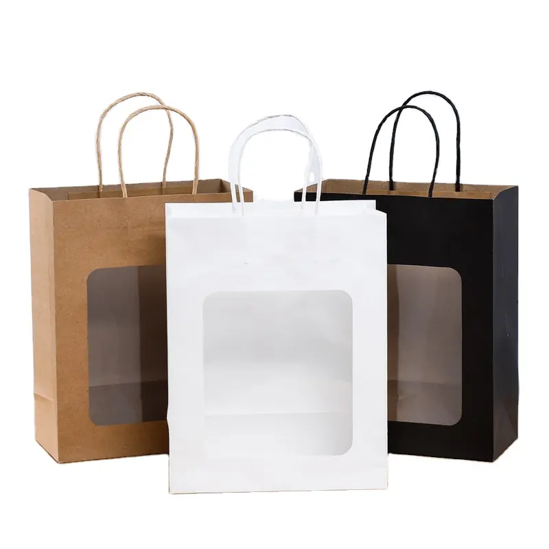 Sacola de compras de papel Kraft marrom tamanho personalizado para entrega de alimentos, sacola de papel para brinquedos Kraft, sacola de presente com janela transparente