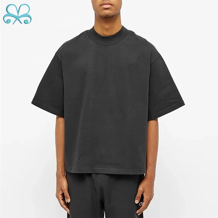 Kaus Pria Logo Kustom Dicuci Ukuran Besar Kaus Hitam Leher Tiruan Lengan Pendek Kaus Hitam