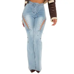 Pantaloni in Denim svasato con lacci sul davanti da donna Jeans con chiusura in pizzo con Logo ricamato personalizzato lavato blu personalizzato