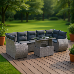 <b>Grey</b> Pe Rattan Garden Sofa Set 6 Seater Outdoor Furniture Contemporary Design With Steel <b>Frame</b> And Tempered Glass Table - Product Image 2