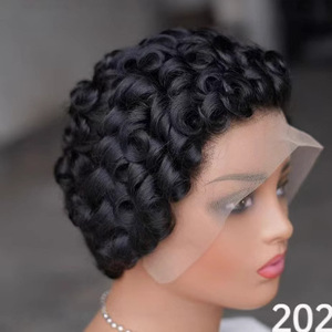 Perruque <span class=keywords><strong>courte</strong></span> bouclée 100% <span class=keywords><strong>cheveux</strong></span> humains, <span class=keywords><strong>cheveux</strong></span> courts naturels pour les personnes noires, noir et brun - Product Image 3
