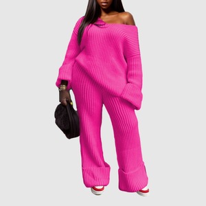 Conjunto de Dos Piezas de Pantalones y Top de Punto de Color Sólido con Cuello en V, Holgado, para Mujer, Disponible en Stock - Product Image 5