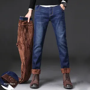 Toptan yüksek kalite moda Casual düzenli düz polar astarlı pantolon kalınlaşmak artı boyutu sıkı kış sıcak erkek kot pantolon