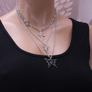 Fashion Layered Necklace Silver <b>Chain</b> Multi Layer <b>Cross</b> Fairy Butterfly Pendant Tibetan Silver Jewelry for Women - Product Image 2