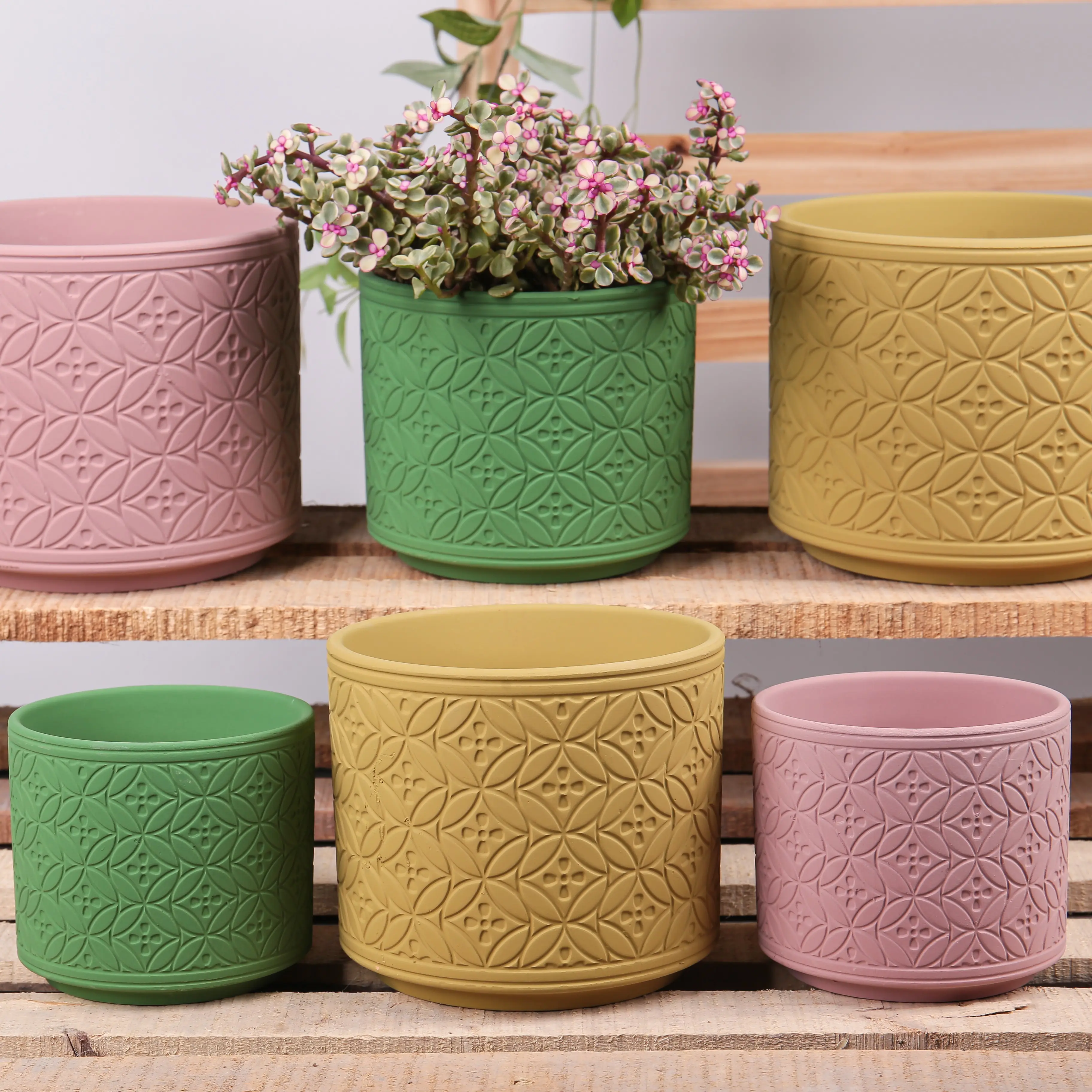 Ukiran Tangan 3 Warna Balkon Meja Terakota Keramik Matte Vintage Pot Bunga