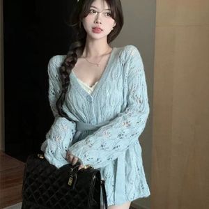 Femmes élégant bleu col en v tricoté Cardigan pull à manches longues creux <span class=keywords><strong>Crochet</strong></span> lâche doux paresseux <span class=keywords><strong>veste</strong></span> pour l'automne - Product Image 5