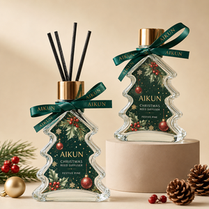 Aikun Clear Tree Shaped Glass Gold Cap Black Stick Green Ribbon Festive Pine Aroma Christmas Reed <b>Diffuser</b> for Holiday Gifts - Product Image 1