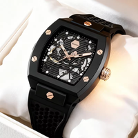 Montre mécanique squelette tonneau avec cadran tête de mort, bracelet en silicone or rose, montre-bracelet automatique pour homme, idéale pour le quotidien et les soirées
