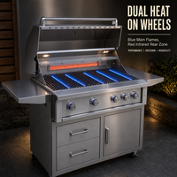 Barbecue autoportant haut de gamme moderne en acier inoxydable avec quatre brûleurs, chaleur infrarouge arrière et armoire de rangement pour usage domestique et extérieur