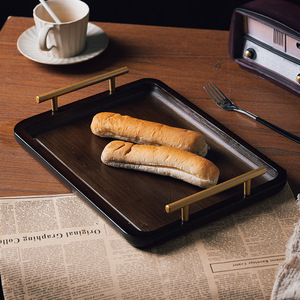Plateau de service en bambou de style européen avec poignées métalliques, emblème cerf doré, pour café, thé, collations, usage hôtelier - Product Image 2