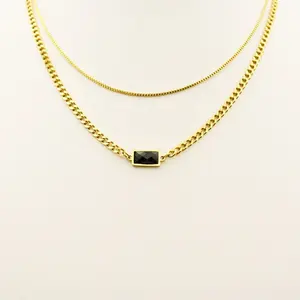 定制时尚饰品双层18k镀金方形锆石项链不锈钢女吊坠项链