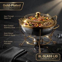 Grand réchaud de buffet professionnel en acier inoxydable plaqué or, avec couvercle en verre, sans revêtement, chauffé à l'alcool, pour la restauration