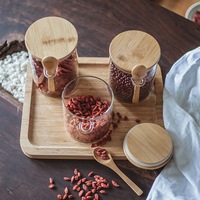 Lot de bocaux hermétiques en verre transparent pour cuisine, avec couvercle en bois, poignée et cuillère, design moderne, vente en gros du fabricant