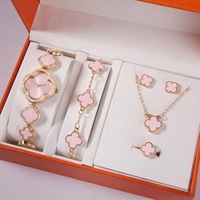 Nouvelle Montre Femme Trèfle à Quatre Feuilles Verte Petite en Alliage à Quartz 28mm avec Bracelet et Bague, Coffret Cadeau 5 Pièces/Ensemble