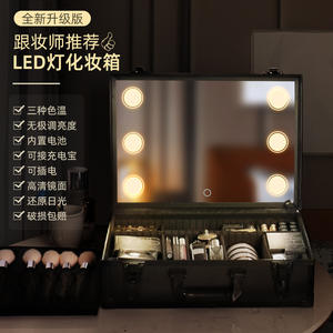 Estuche de maquillaje LED con espejo y luces, organizador cosmético portátil de metal de 18 pulgadas con cajones para almacenamiento en el hogar - Product Image 1
