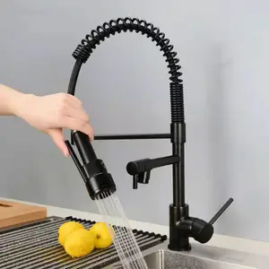 New Style Deck Mounted Matte Black Pull Out Kitchen Faucet Spring Dual Spout Mixer Sprayer Sink Tap