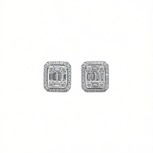 E1387 Orecchini in oro bianco con diamanti taglio smeraldo colore D naturale, gioielli classici da donna - Product Image 1