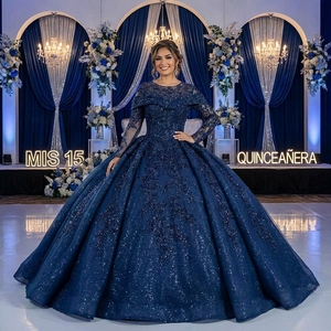 Vestido de Quinceañera Azul Marino de Lujo Lsany279, Cuello Ilusión, Manga Larga, Apliques de Encaje, Vestido de Princesa con Brillo, Jancember - Product Image 1