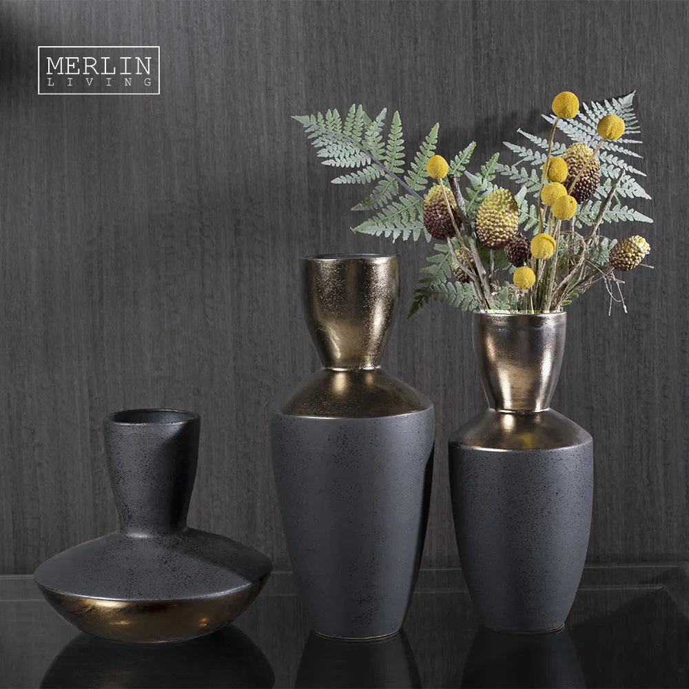 Merlin Living metal glazed black ceramic decor living room ornament luxury flower vase home decor for ceramic ceramic vase
