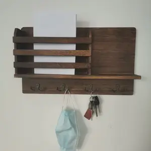 Rustikale Wand Montiert Mail Halter Holz Mail Sorter Organizer Regal mit 4 Doppel Schlüssel Haken