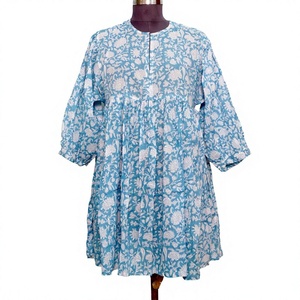 Women's Floral Print Chiffon Dress O Neck Three Quarter <b>Balloon</b> Sleeve Loose Fit Bohemian Style Spring Summer Wear - Product Image 1