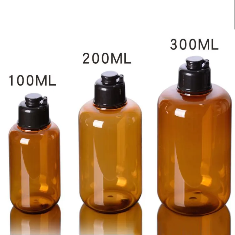 100 200 300 ml 10オンスクリアアンバー/ブラウンPETプラスチックボトル、フリップキャップ付きシャンプー液体石鹸ボディウォッシュクリームボトル用