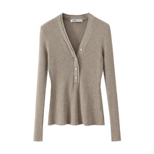 Suéter de Punto Acanalado con Cuello en V para Mujer, Marca Runqi, Corte Ajustado, Grosor Medio, Antipilling, Color Sólido, Otoño-Invierno - Product Image 1