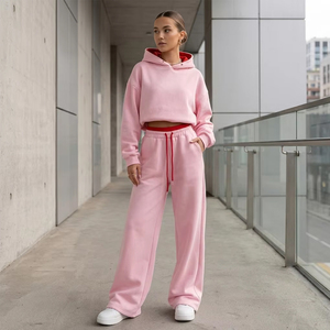 Custom Factory High Quality Cotton Pink Tracksuit Women <b>Red</b> Drawstring <b>Cropped</b> Streetwear Hoodie double waistband Joggers Set - Product Image 2