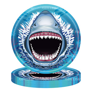 Assiettes en papier sur le thème des requins, rondes, bleues, impression numérique, vaisselle de fête d'anniversaire, 60-80 pièces, jetables et respectueuses de l'environnement - Product Image 1
