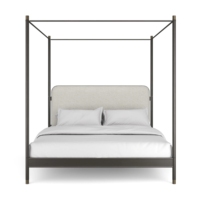 Lit plateforme minimaliste en fer forgé noir, style luxe discret et moderne, avec tête de lit à tiges, pour chambre principale